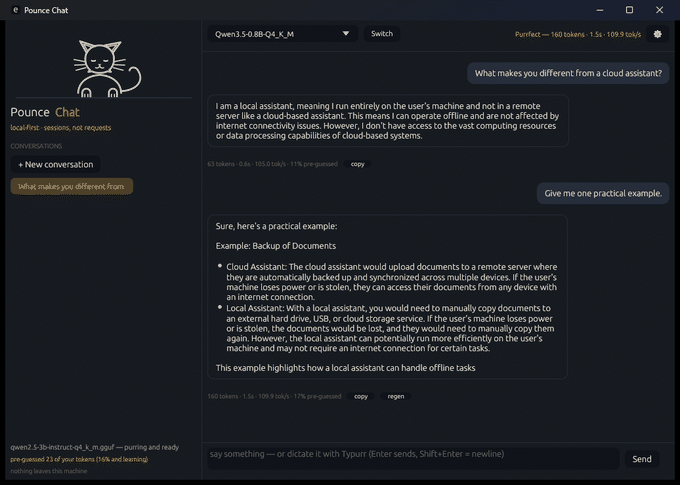 Pounce Chat streaming an answer about local-vs-cloud: conversations sidebar with the cat mascot, model dropdown, live tokens-per-second stats, and the flywheel line showing tokens pre-guessed by speculation
